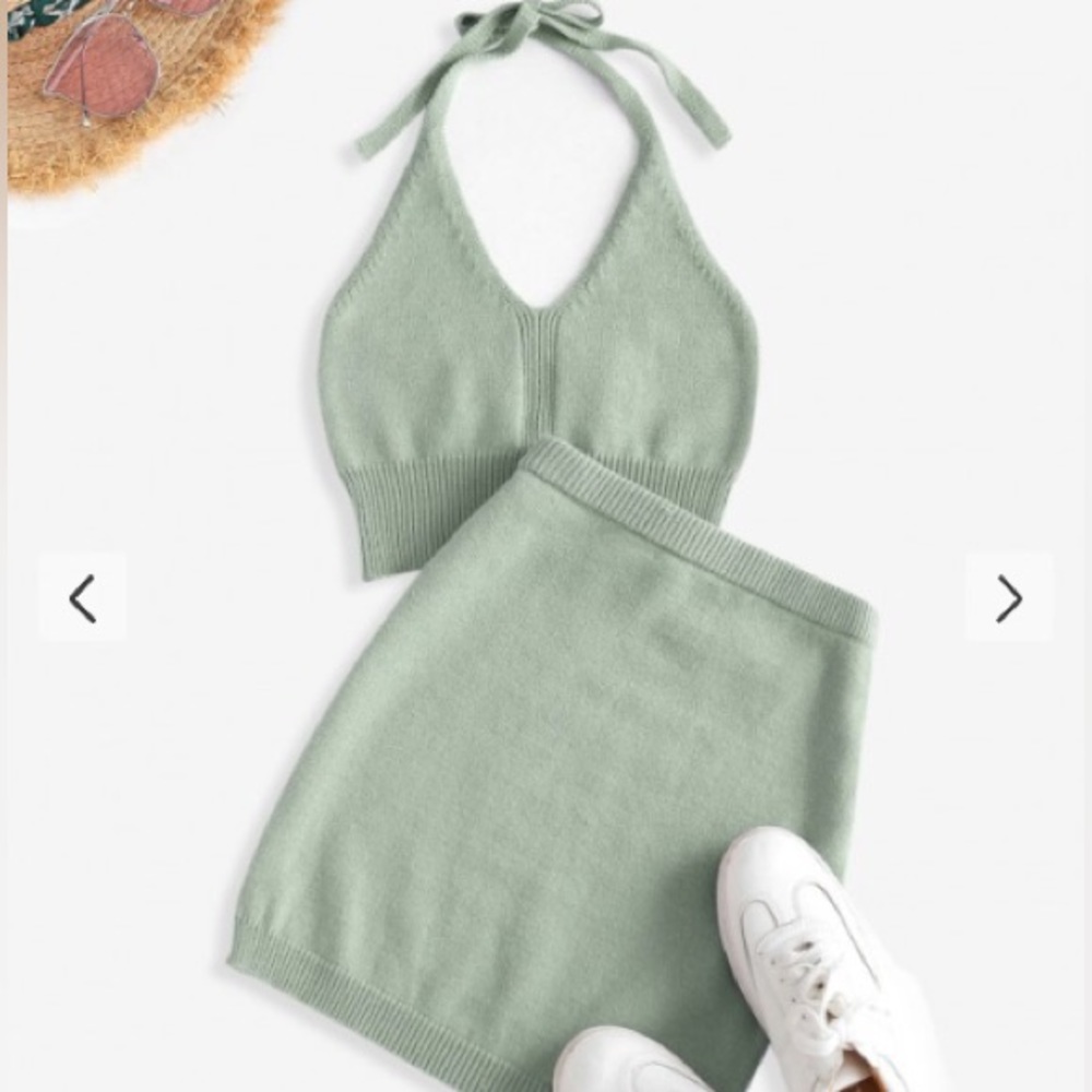 Halter Cropped Knitted Two Piece Light Green